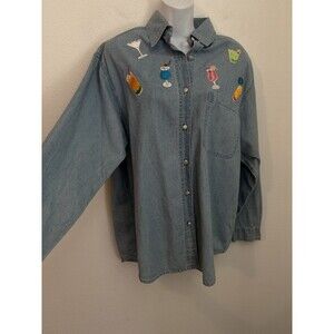 Tia Designs Vintage 90s Embroidered Denim Shirt Women’s M Cocktails Party USA